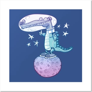 funny crocodile in space cartoon Posters and Art